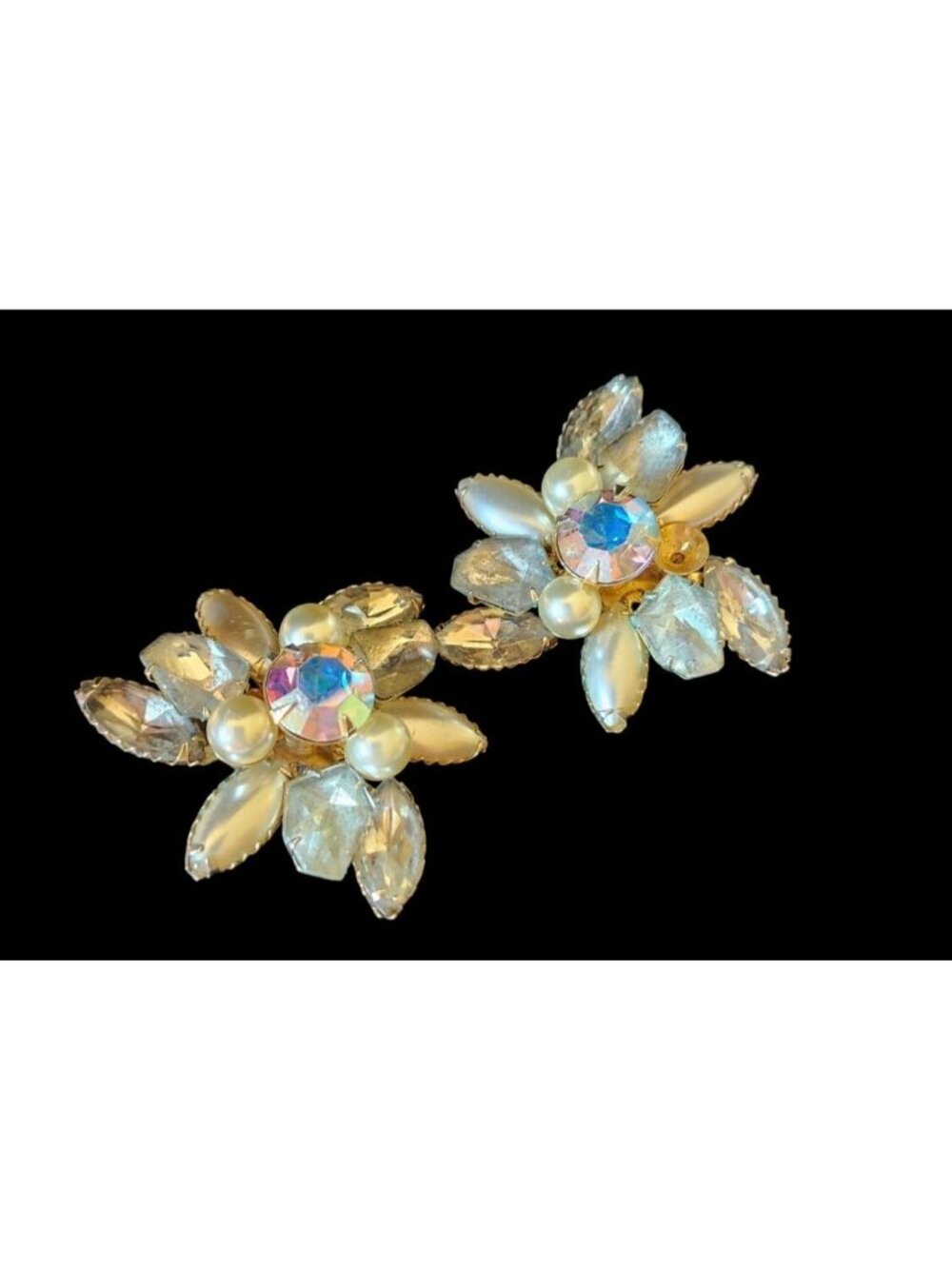 Vintage Judy Lee Faux Pearl Clip-On Earrings AB Stones Elegant Evening Jewelry R